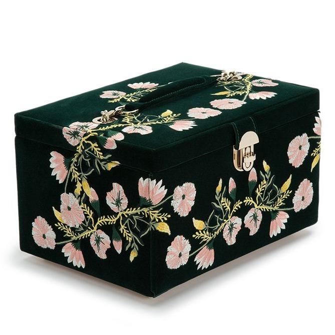 Single Stone's MEDIUM ZOE JEWELRY CASES  featuring Velvet JEWELRY CASES embroidered with classic floral designs. JEWELRY CASES includes a total of 10 compartments. 4 medium compartments, 3 large compartments, 4 BRACELETS compartments, 4 BRACELETS/watch cuffs, and removable mini travel piece. LusterLoc™: Allows the fabric lining the inside of your JEWELRY CASESs to abso

