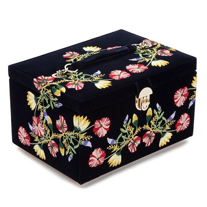 Single Stone's MEDIUM ZOE JEWELRY CASE  featuring Velvet jewelry case embroidered with classic floral designs. Jewelry case includes a total of 10 compartments. 4 medium compartments, 3 large compartments, 4 bracelet compartments, 4 bracelet/watch cuffs, and removable mini travel piece. LusterLoc™: Allows the fabric lining the inside of your jewelry cases to absorb th
