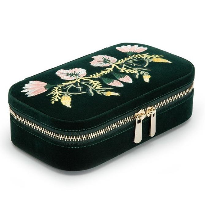 Single Stone's ZOE TRAVEL ZIP CASE  featuring Velvet JEWELRY CASES embroidered with classic floral designs. Organize your jewelry on-the-go with the feminine yet functional Zoe Travel Zip Case. JEWELRY CASES includes mirror, ring rolls (3), medium compartment with cover (1), small compartment (2) LusterLoc™: Allows the fabric lining the inside of your JEWELRY CASE
