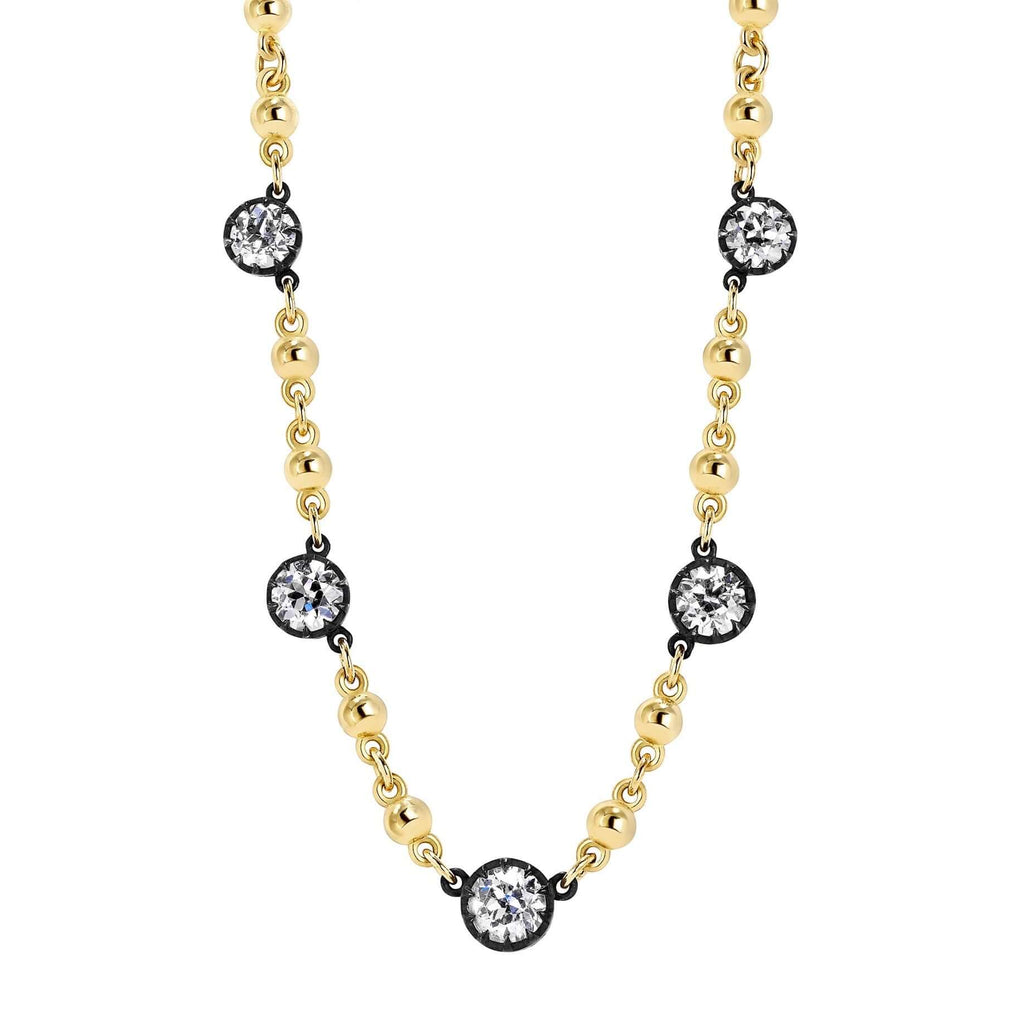 Single Stone's FIVE STONE ROSALINA NECKLACE  featuring 2.26ctw G-J/VS1-VS2 GIA certified old European cut diamonds prong set in a handcrafted 18K yellow gold and oxidized sterling silver necklace. Necklace measures 17.5&quot;
