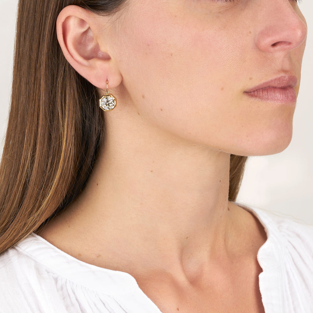 Single Stone's LOLA DROPS earrings  featuring 6.61ctw O-R/VS2-SI1 GIA certified old European cut diamonds prong set in handcrafted 18K yellow gold drop earrings.  
