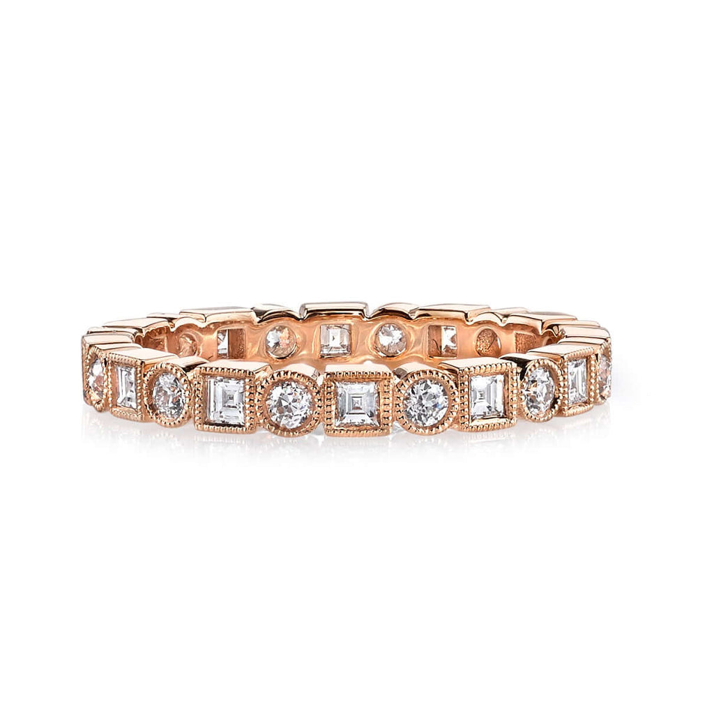 Single Stone's ADDIE band  featuring Approximately 0.95ctw G-H/VS carré and old European cut diamonds bezel set in a handcrafted eternity band. Approximate band width 2.6mm. Please inquire for additional customization.
