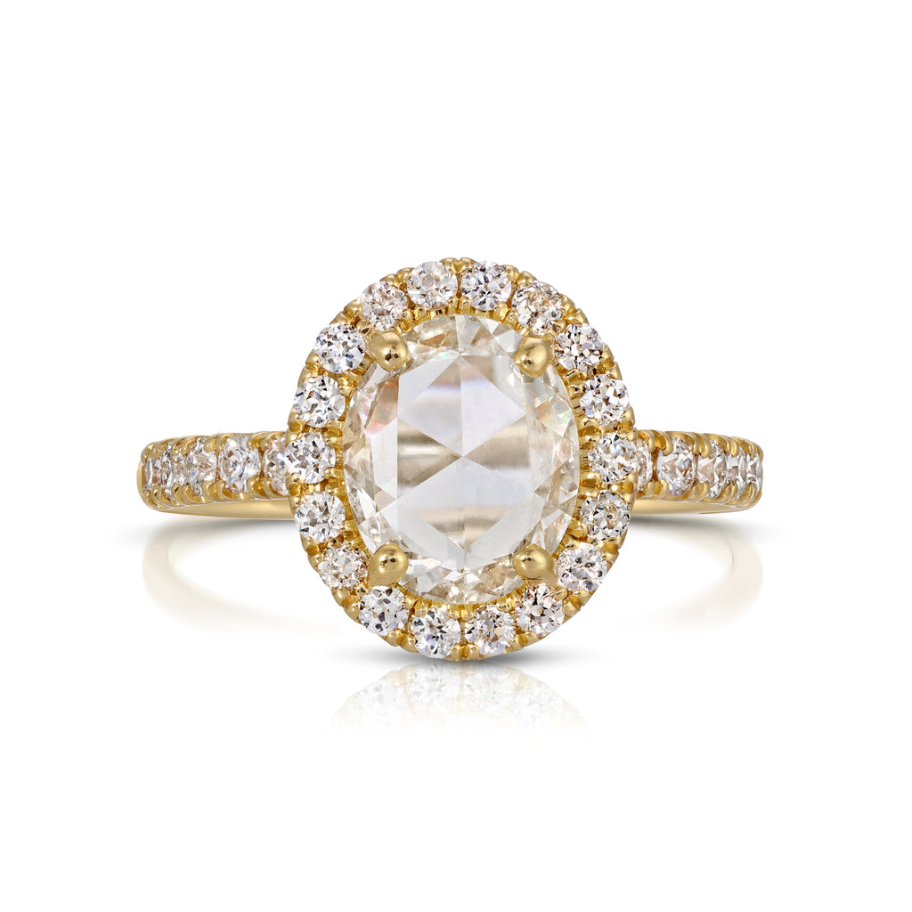 Single Stone's ANDIE ring  featuring 1.42ct K/VS2 GIA certified oval rose cut diamond with 0.70ctw old European cut accent diamonds set in a handcrafted 18K yellow gold mounting.  
