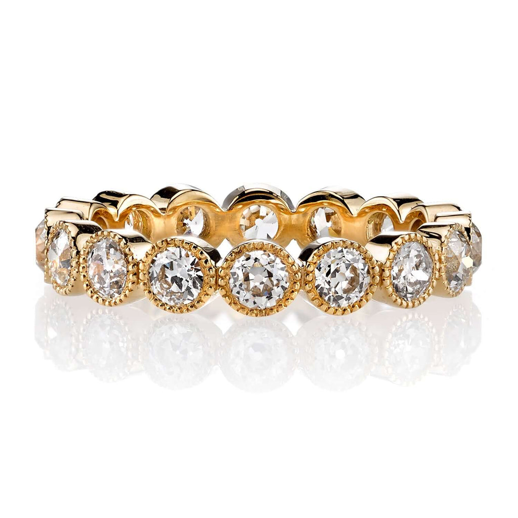 
Single Stone's Medium gabby band  featuring Approximately 1.45ctw old European cut diamonds bezel set in a handcrafted eternity band. 
Approximate band with 3.6mm. 
Please inquire for additional customization. 
