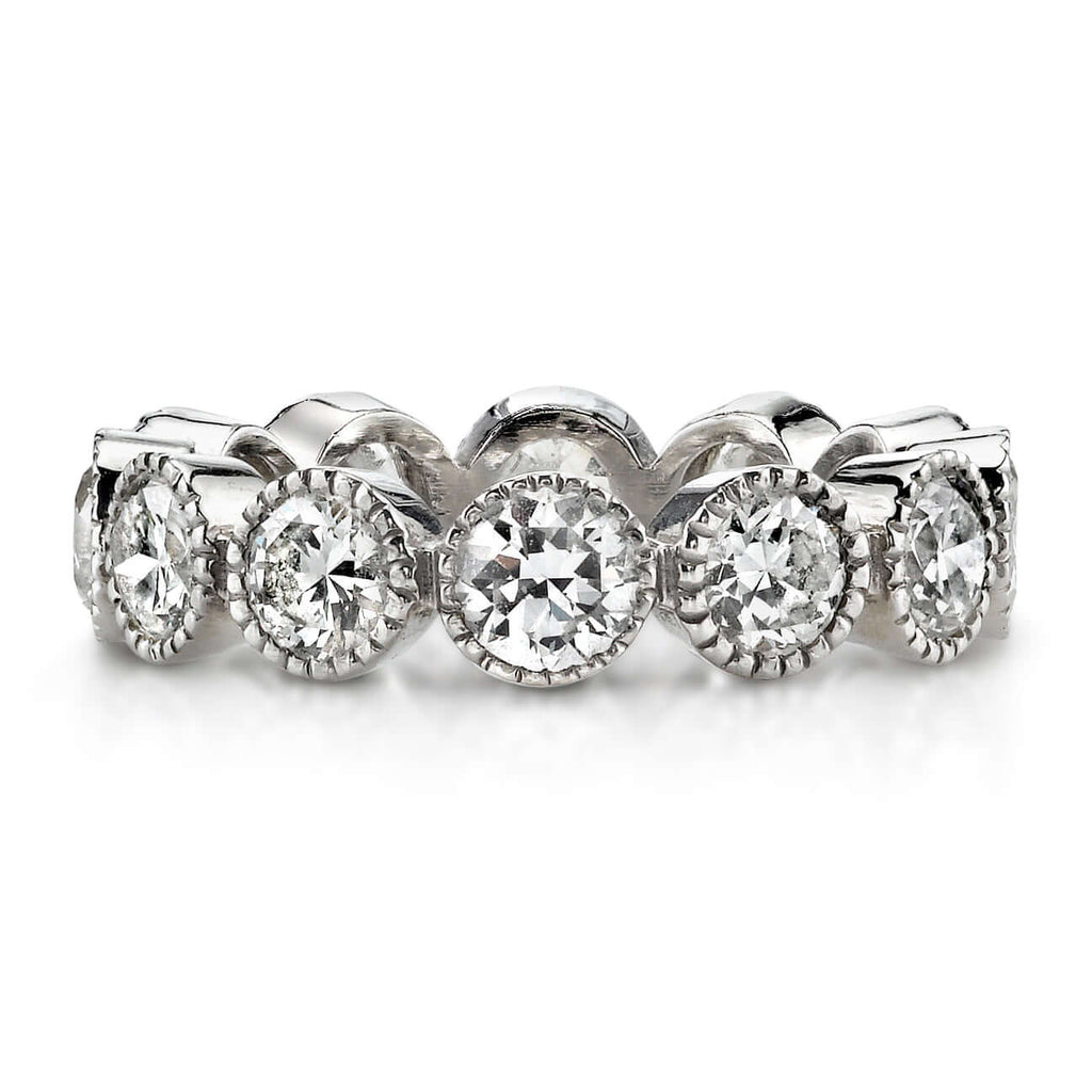 Single Stone's LARGE GABBY band  featuring Approximately 3.00-3.30ctw old European cut diamonds bezel set in a handcrafted eternity band. Approximate band width 4.8mm.
