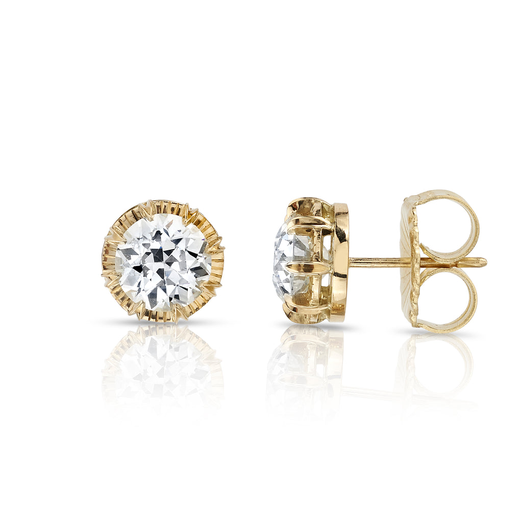Single Stone's ARIELLE STUDS  featuring 2.36ctw M-N/VS1-VS2 GIA certified old European cut diamonds prong set in handcrafted 18K yellow gold stud earrings.
