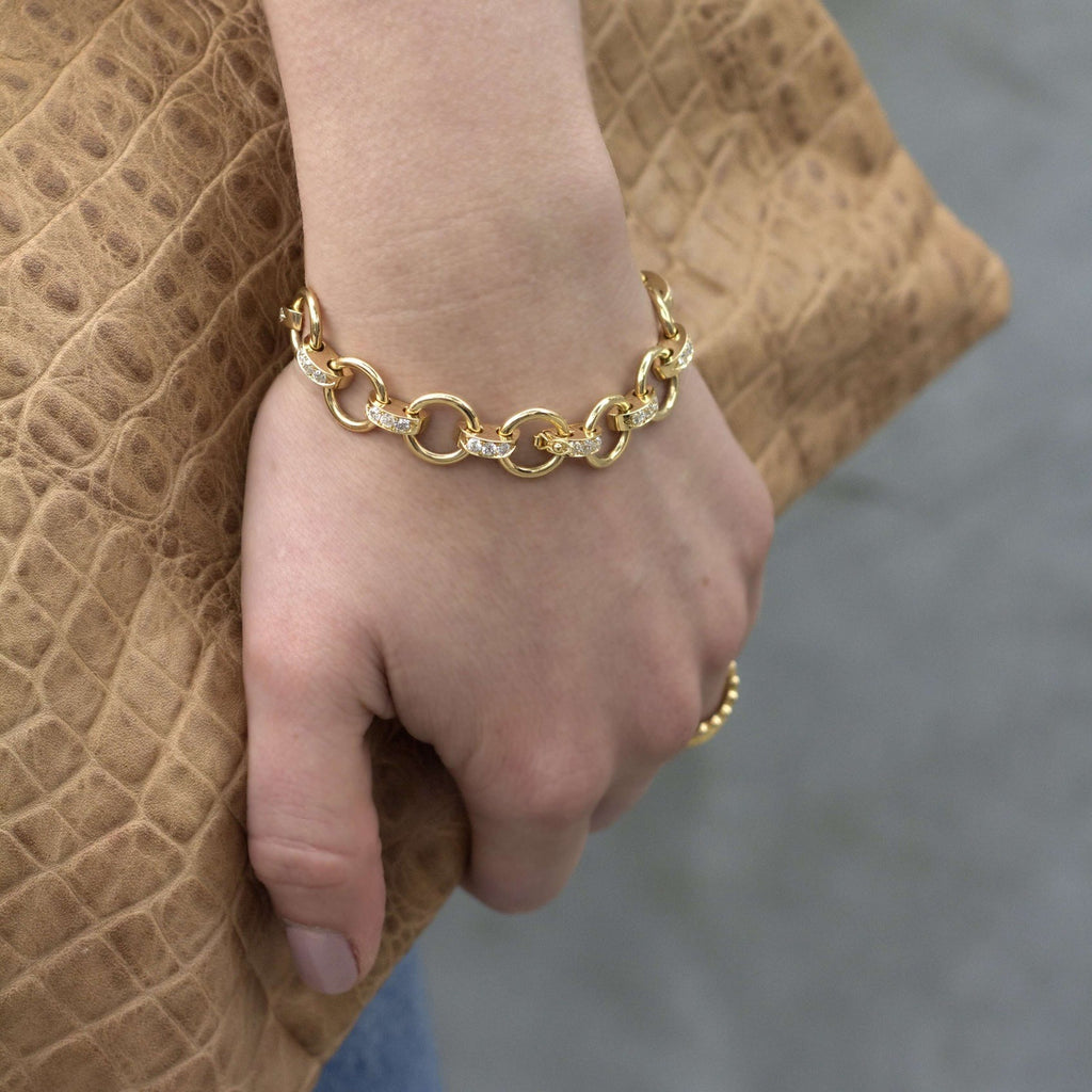 Single Stone's ASTRID BRACELET WITH DIAMONDS  featuring Handcrafted 18K gold round and saddle-shaped link bracelet with hidden closure featuring approximately 2.00ctw pavé set G-H/VS old European cut diamonds. Bracelet measures 7.5&quot;. Please inquire for additional customization.
