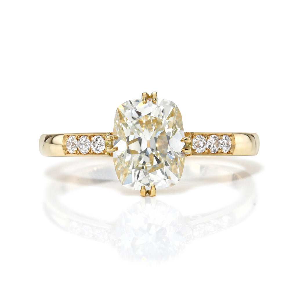 Single Stone's BAUER ring  featuring 1.38ct L/VS2 GIA certified antique cushion cut diamond with 0.09ctw old European cut accent diamonds prong set in a handcrafted 18K yellow gold mounting.  
