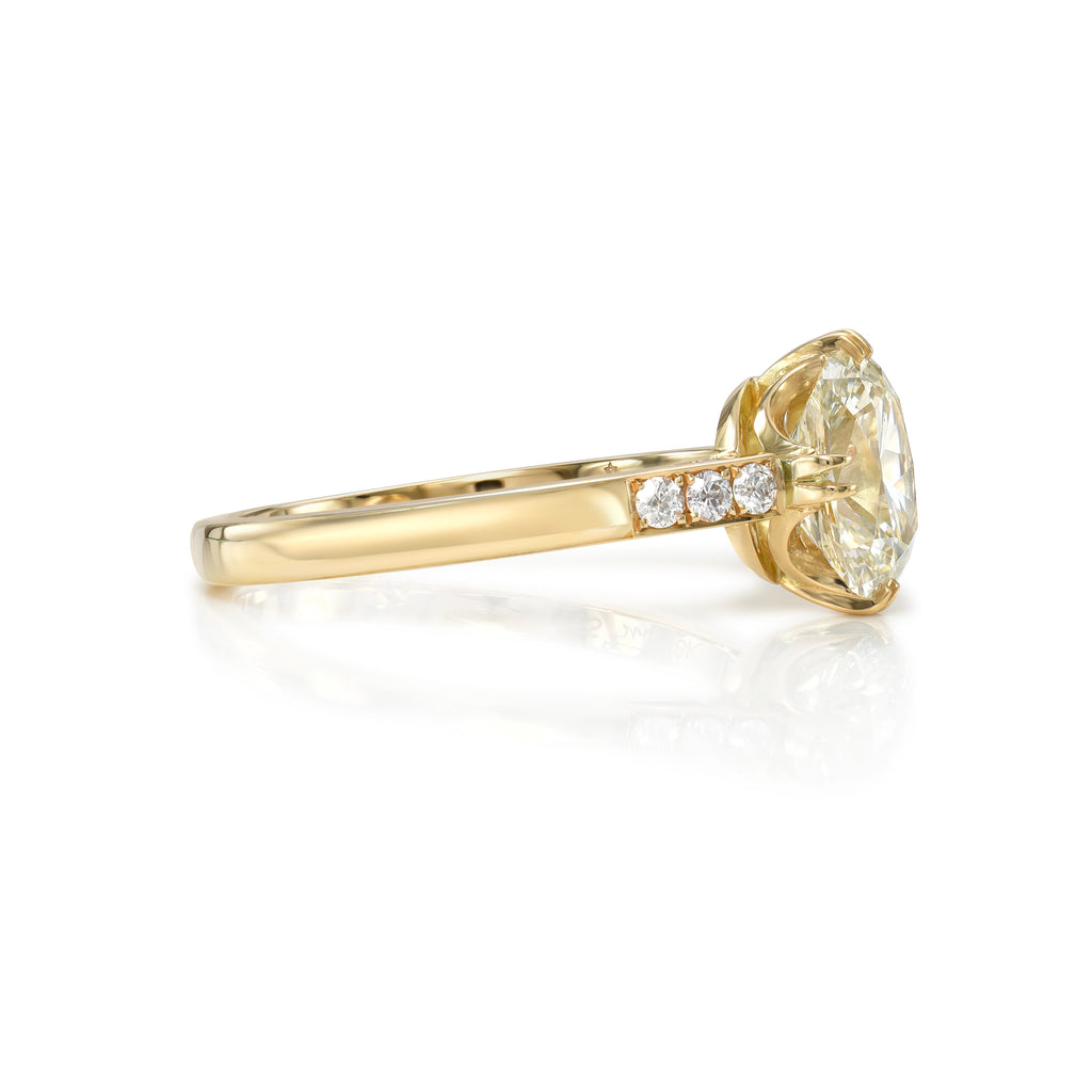 Single Stone's BAUER ring  featuring 1.38ct L/VS2 GIA certified antique cushion cut diamond with 0.09ctw old European cut accent diamonds prong set in a handcrafted 18K yellow gold mounting.
