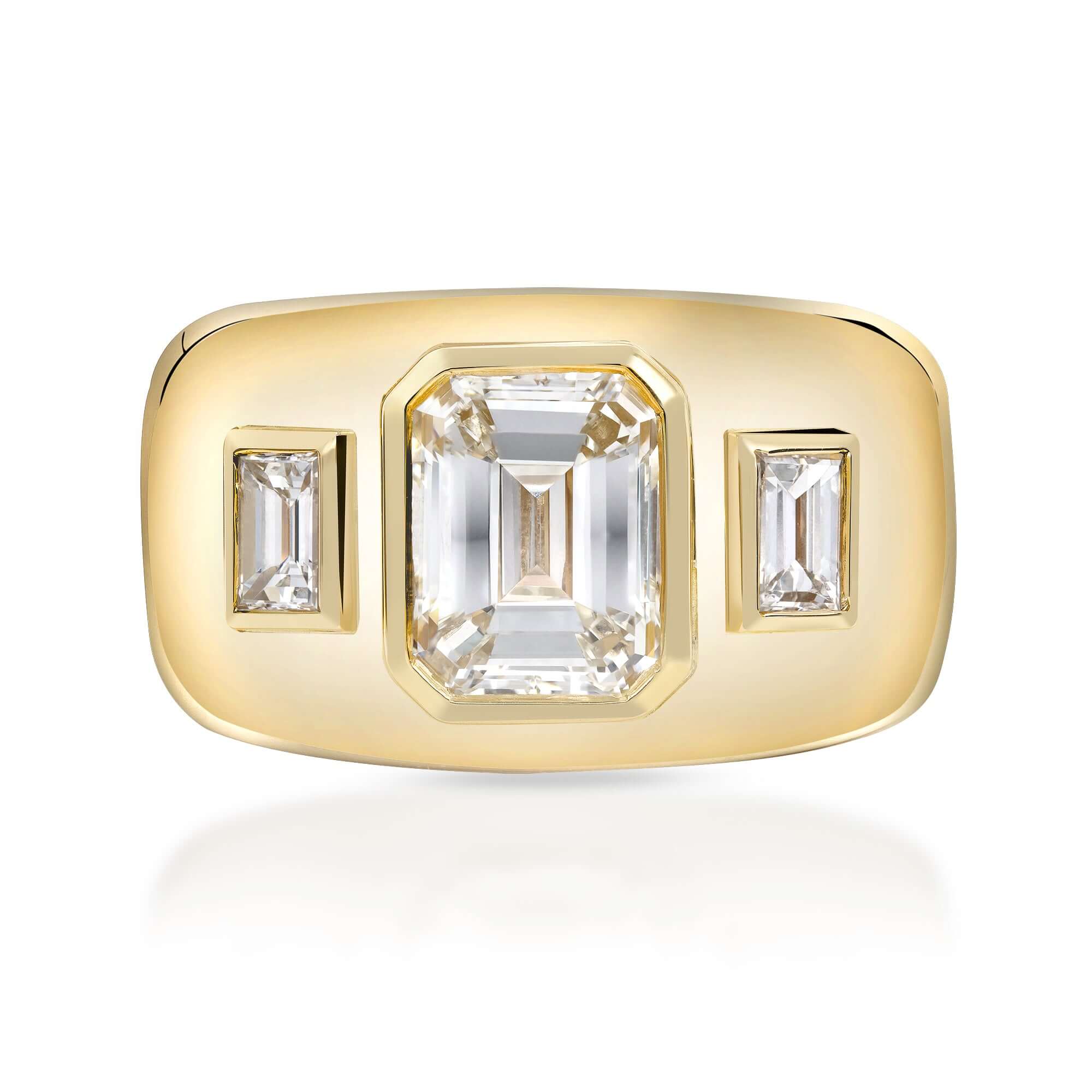 SINGLE STONE BEAUX RING featuring 2.02ct K/VVS1 GIA certified emerald cut diamond with 0.34ctw baguette cut accent diamonds set in a handcrafted 18K yellow gold mounting.