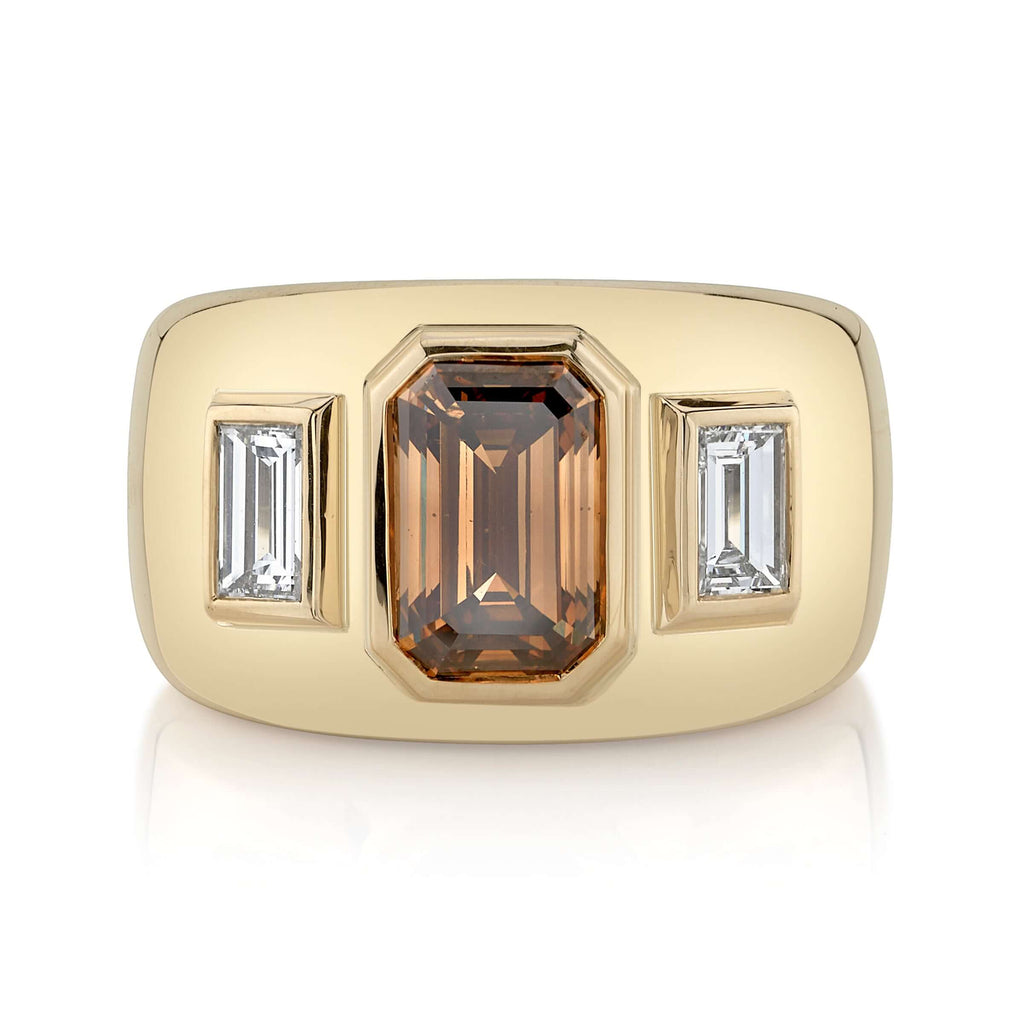 Single Stone's BEAUX ring  featuring 2.34ct Fancy Orange-Brown/SI2 GIA certified emerald cut diamond with 0.62ctw baguette cut accent diamonds bezel set in a handcrafted 18K yellow gold mounting.  
