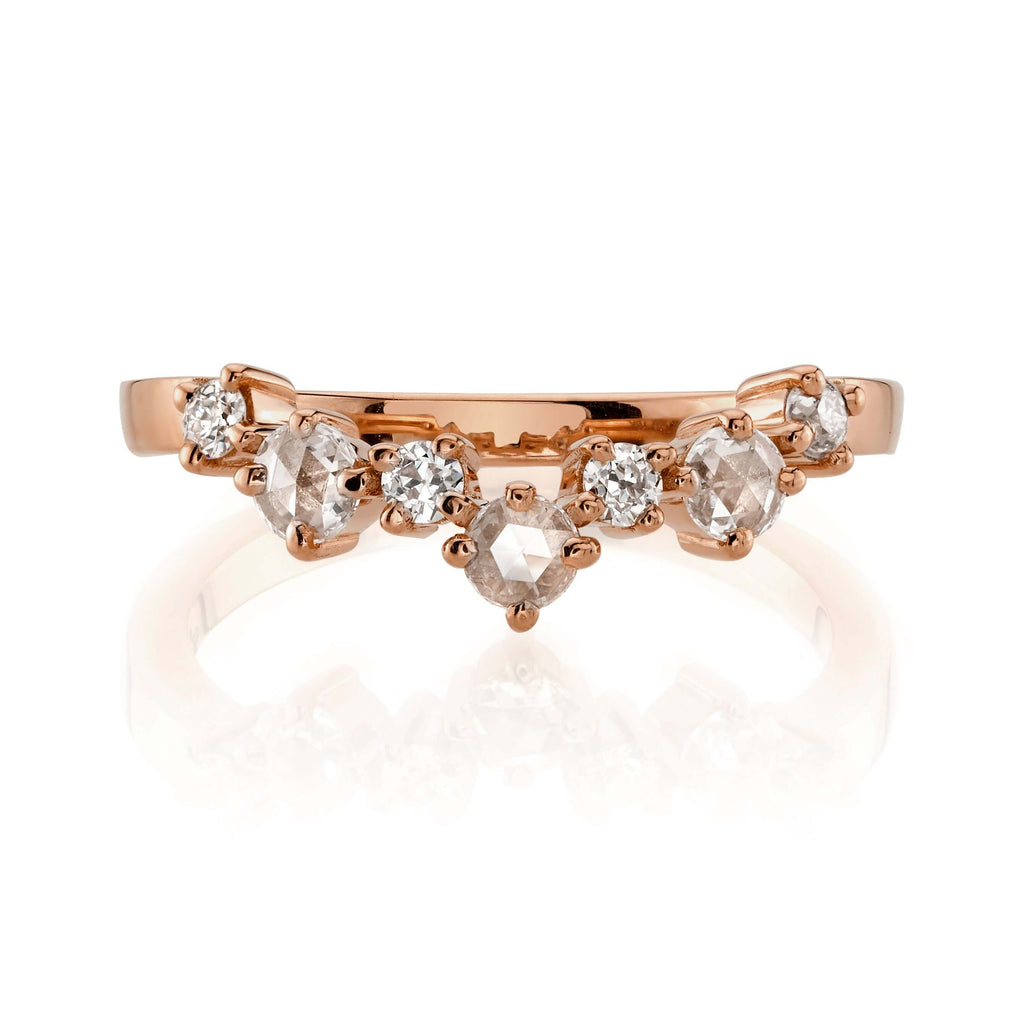 Single Stone's BROOKE band  featuring 2mm handcrafted prong-set, curved, half-eternity band with approximately 0.30ctw mixed old European and rose cut diamonds.   Please inquire for additional customization. 
