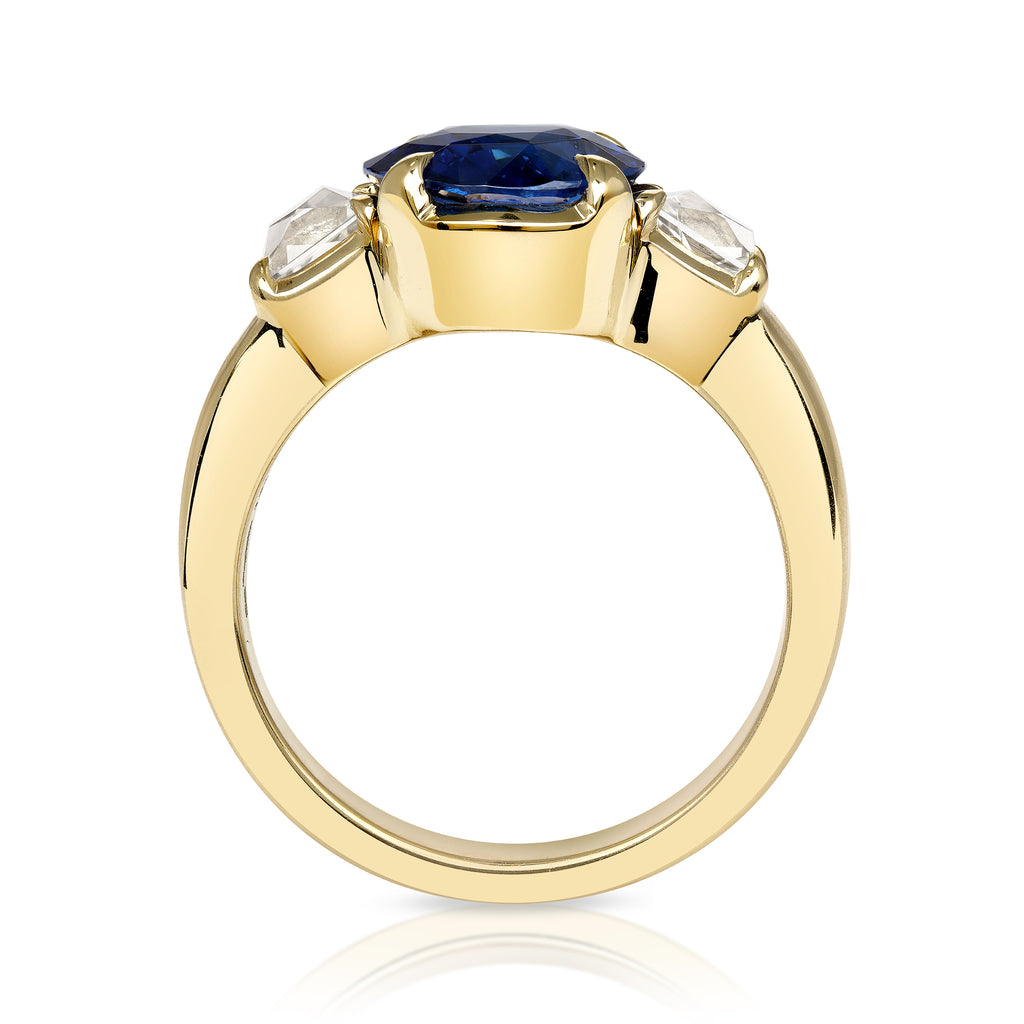 Single Stone's BROOKLYN ring  featuring 3.24ct GIA certified Sri Lankan oval cut blue sapphire with 0.88ctw French cut accent diamonds prong set in a handcrafted 18K yellow gold mounting.
