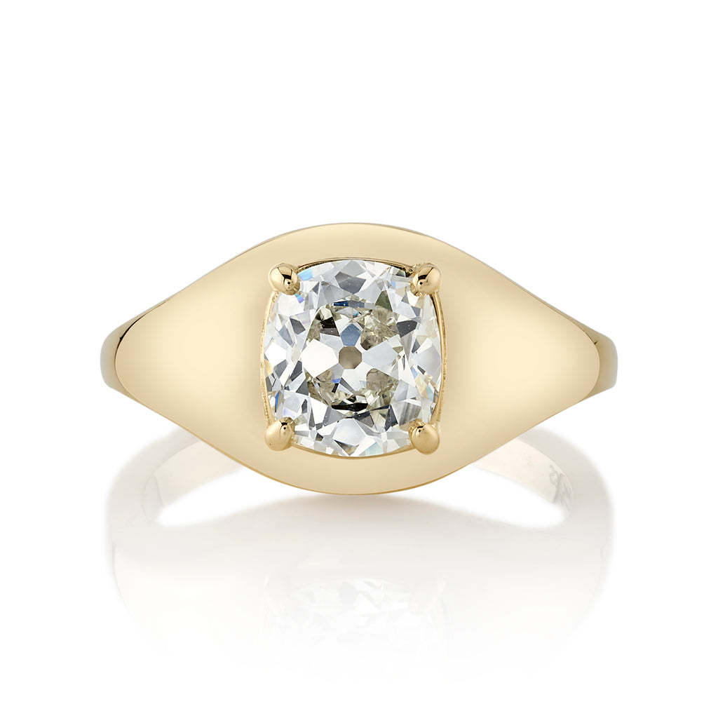 Single Stone's BRYN ring  featuring 1.54ct L/VS1 GIA certified antique cushion cut diamond set in a handcrafted 18K yellow gold mounting.
