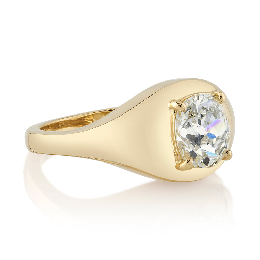 Single Stone's BRYN ring  featuring 1.54ct L/VS1 GIA certified antique cushion cut diamond prong set in a handcrafted 18K yellow gold mounting.
