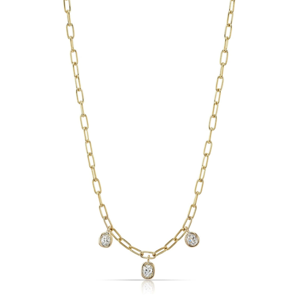 SINGLE STONE THREE STONE CAILYN NECKLACE featuring 1.35ctw M-N/VS-I1 antique cushion cut diamonds bezel set on a handcrafted 18K yellow gold Bond chain. Necklace measures 17".