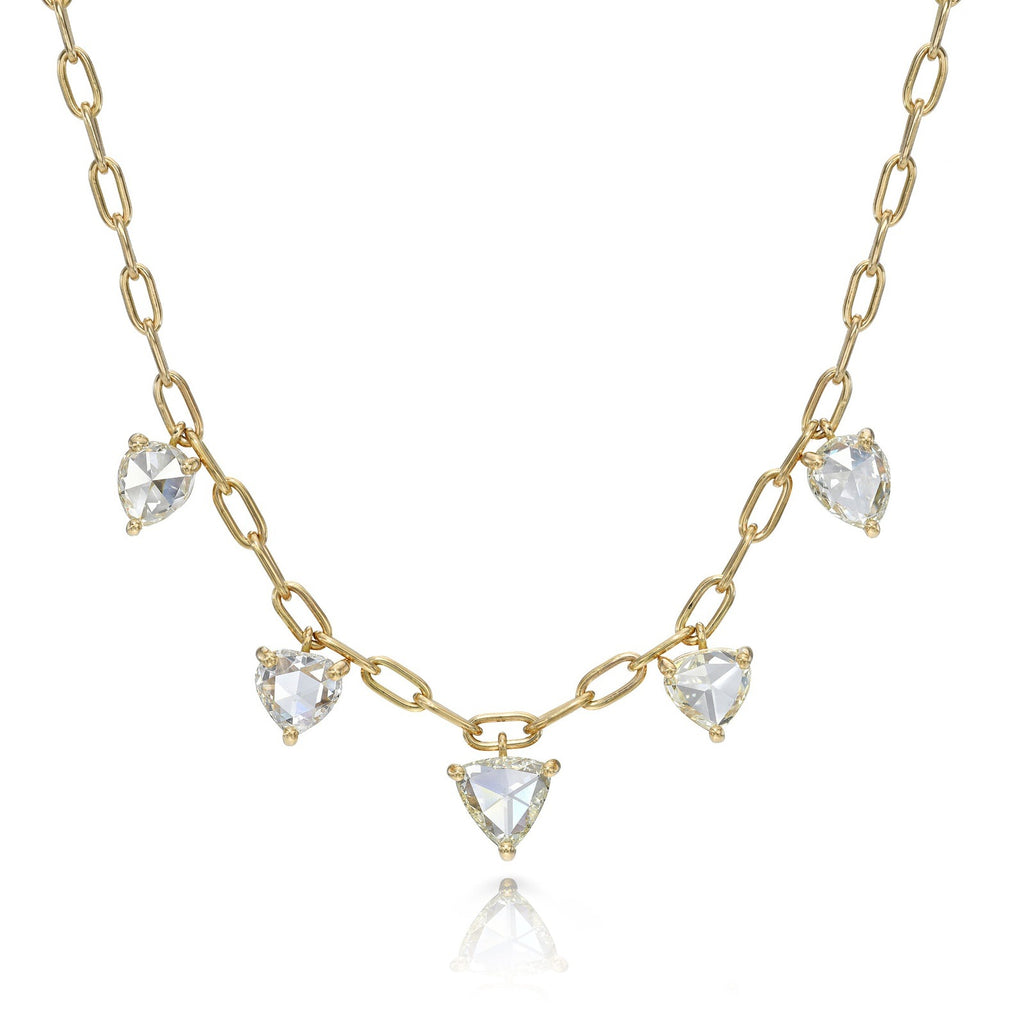 
Single Stone's Five stone cailyn necklace band  featuring 5.05ctw I-O-P/VS-SI pear shaped rose cut diamonds set on our handcrafted 18K yellow gold Bond chain.
Necklace measures 17".
 
