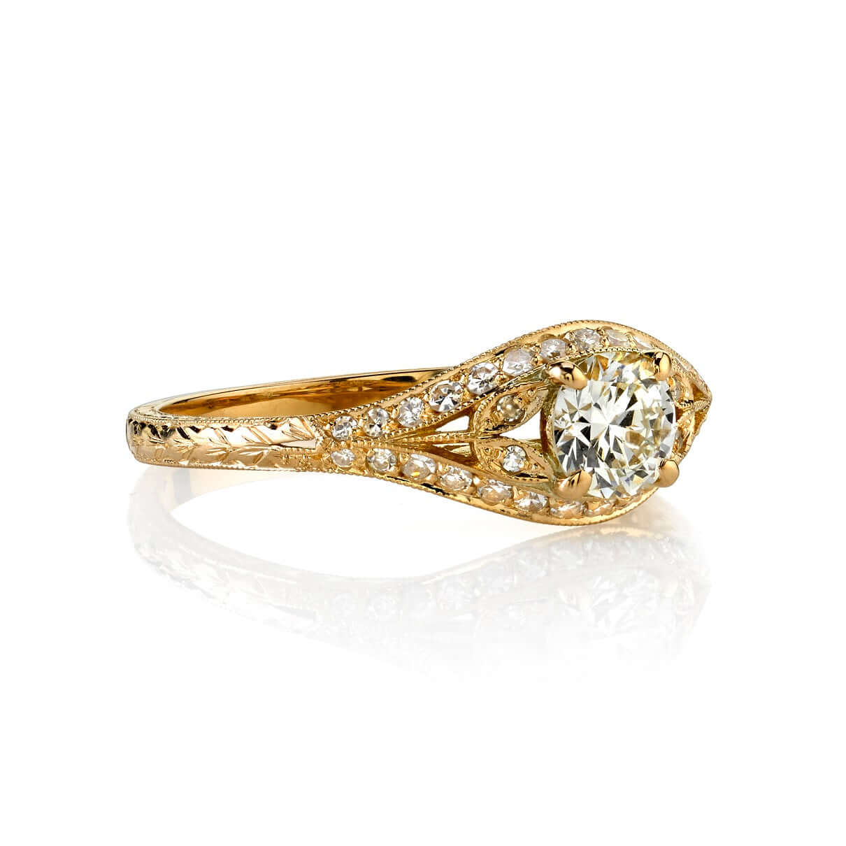 SINGLE STONE CHLOE RING featuring 0.49ct L/SI2 GIA certified old European cut diamond with 0.28ctw old European cut accent diamonds set in a handcrafted 18K yellow gold mounting.