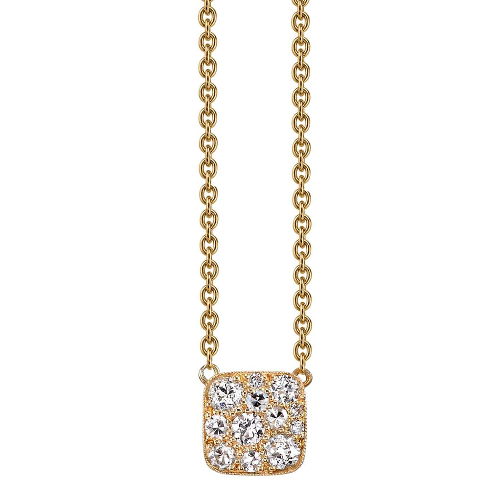 
Single Stone's Mini square cobblestone pendant necklace  featuring Approximately 0.35ctw varying old cut and round brilliant cut diamonds set in a handcrafted 18K yellow gold pendant necklace. Available in an oxidized or polished finish. Necklace measures 18". Prices may vary according to total diamond weight.  
*Cobblestone pattern may vary from piece to piece
