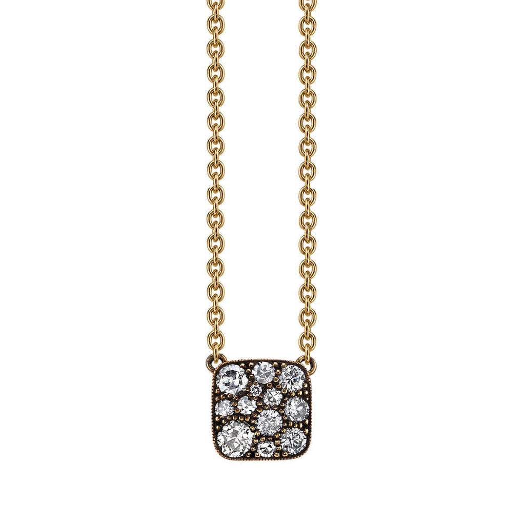 Single Stone's MINI SQUARE COBBLESTONE PENDANT NECKLACE  featuring Approximately 0.35ctw varying old cut and round brilliant cut diamonds set in a handcrafted 18K yellow gold pendant necklace. Available in an oxidized or polished finish. Necklace measures 18&quot;. Prices may vary according to total diamond weight. *Cobblestone pattern may vary from piece to piece
