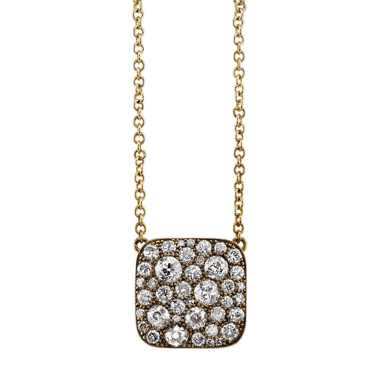 SINGLE STONE SQUARE COBBLESTONE PENDANT NECKLACE featuring Approximately 2.00ctw various old cut and round brilliant cut diamonds set in a handcrafted 18K yellow gold pendant. Price may vary according to total diamond weight. Available in an oxidized or p