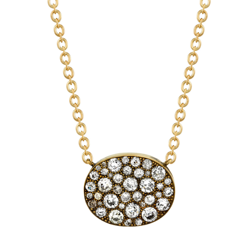 Single Stone's OVAL COBBLESTONE PENDANT NECKLACE  featuring Approximately 1.80ctw various old cut and round brilliant cut diamonds set in a handcrafted 18K yellow gold pendant. Price may vary according to total diamond weight. Available in an oxidized or polished finish. Necklace measures 18&quot;. *Cobblestone pattern may vary from piece to piece
