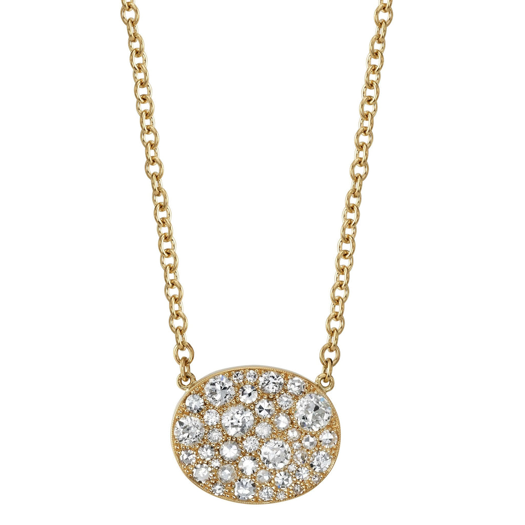 Single Stone's OVAL COBBLESTONE PENDANT NECKLACE  featuring Approximately 1.80ctw various old cut and round brilliant cut diamonds set in a handcrafted 18K yellow gold pendant. Price may vary according to total diamond weight. Available in an oxidized or polished finish. Necklace measures 18&quot;. *Cobblestone pattern may vary from piece to piece

