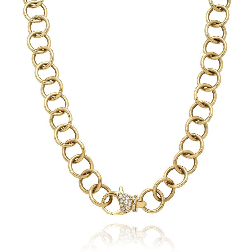 SINGLE STONE CLUB NECKLACE WITH DIAMOND CLASP featuring Handcrafted 18K yellow gold club necklace with 0.64ctw G-H/VS old European cut diamonds set in clasp. Necklace measures 18".