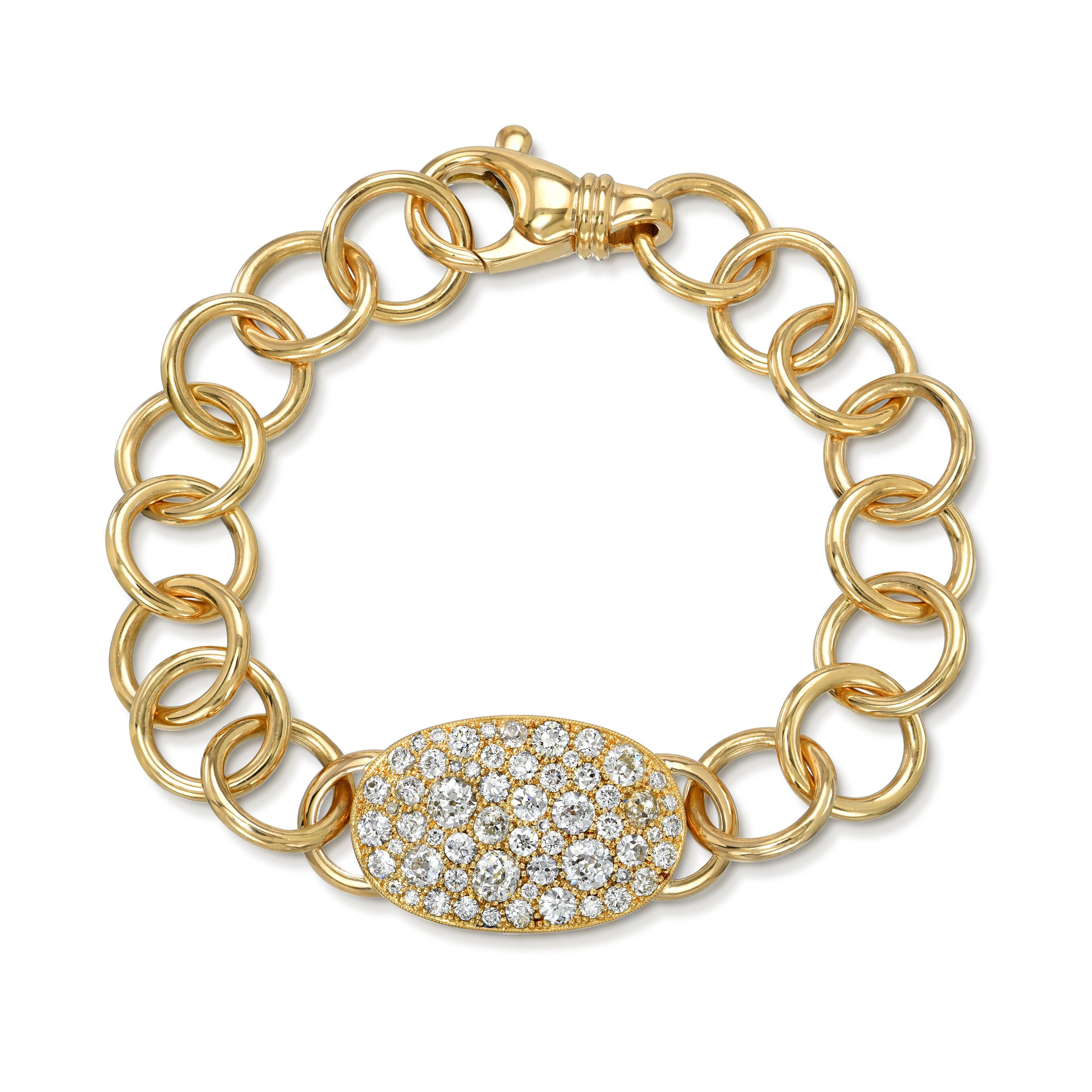 SINGLE STONE COBBLESTONE CLUB BRACELET featuring Approximately 3.55ctw various old cut and round brilliant cut diamonds set in a handcrafted 18K gold plate on our 18K gold club bracelet. Available in an oxidized or polished finish. Bracelet measures 7.75"