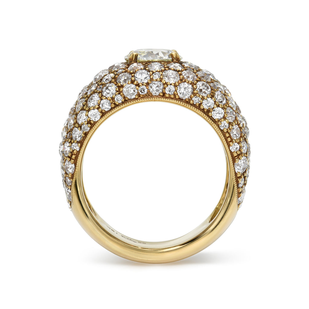 Single Stone's COBBLESTONE SIENNA ring  featuring 1.05ct Q-R/SI1 GIA certified old European cut diamond with 4.22ctw varying old and round and brilliant cut accent diamonds prong set in an 18k yellow gold mounting.
