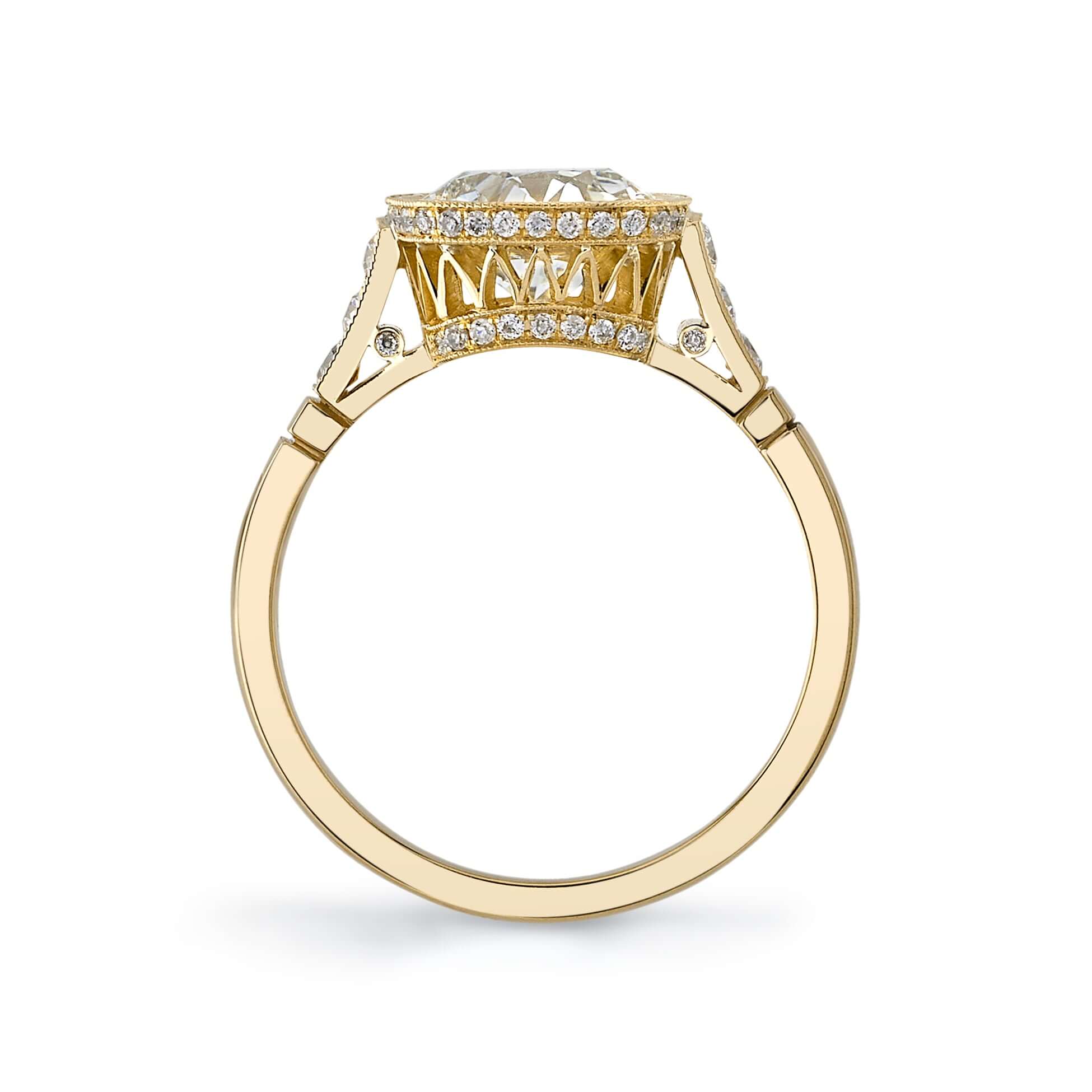 SINGLE STONE COLETTE RING featuring 1.73ct N/VVS2 GIA certified old European cut diamond with 0.25ctw old European cut accent stones set in a handcrafted 18K yellow gold mounting.