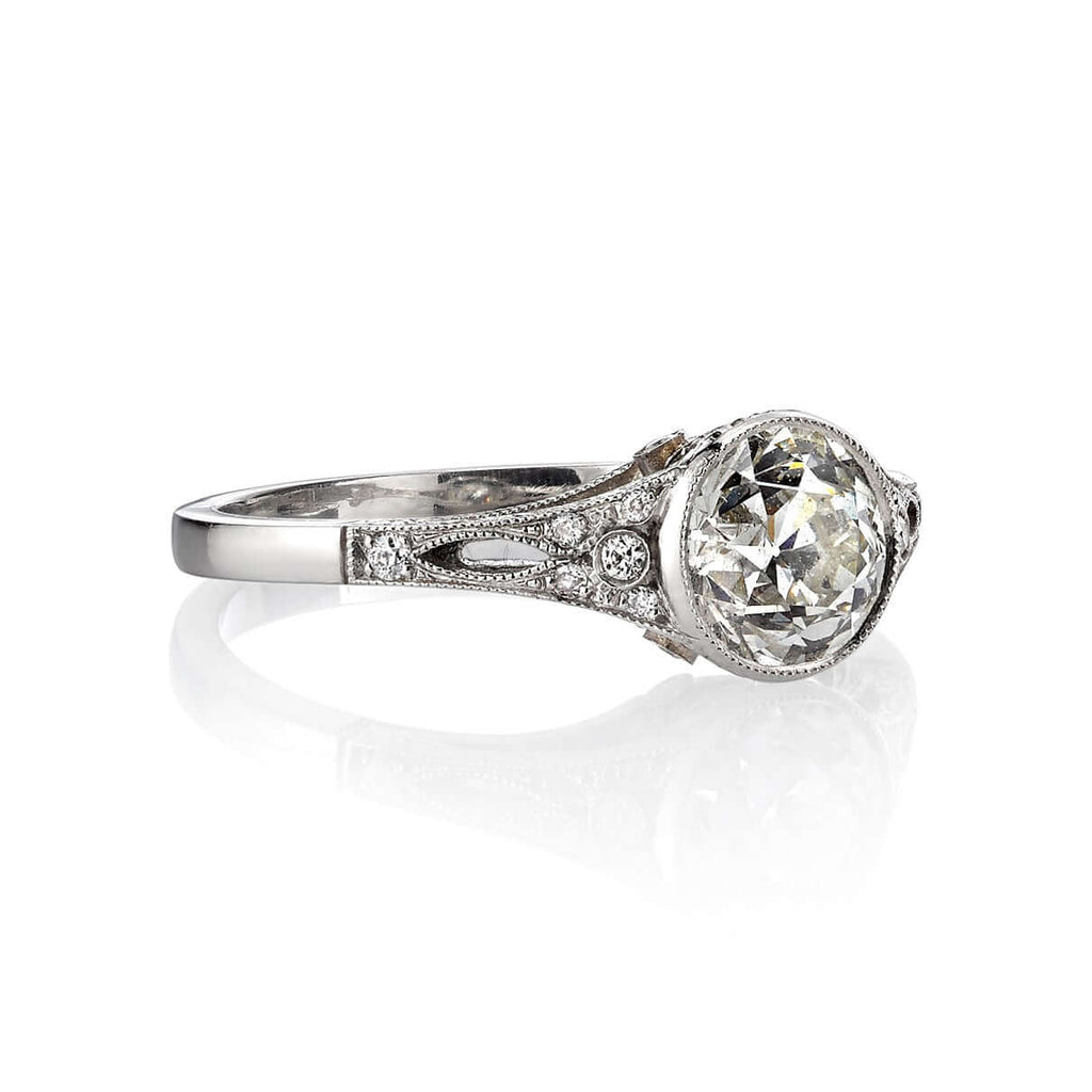 Single Stone's CORINNE ring  featuring 1.14ct I/VS1 EGL certified old European cut diamond with 0.08ctw old European cut accent diamonds set in a handcrafted platinum mounting.
