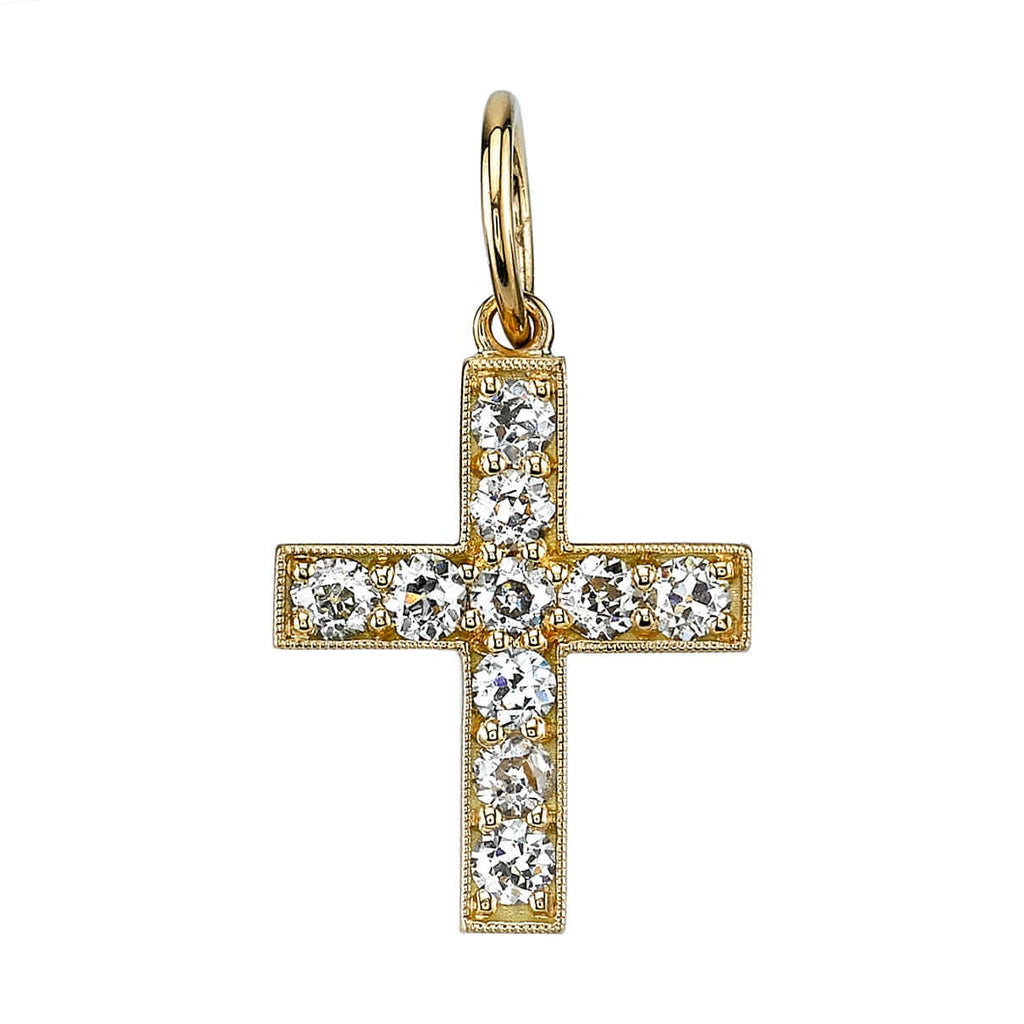 Single Stone's CARMELA CROSS pendant  featuring Approximately 0.80ctw old European cut diamonds pavé set in a handcrafted 18K yellow gold cross. Cross measures 14.20mm x 17mm. Price does not include chain.  Please inquire for additional customization. 
