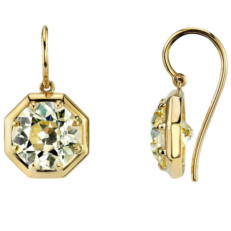 Single Stone's LOLA DROPS earrings  featuring 6.61ctw O-R/VS2-SI1 GIA certified old European cut diamonds prong set in handcrafted 18K yellow gold drop earrings.  
