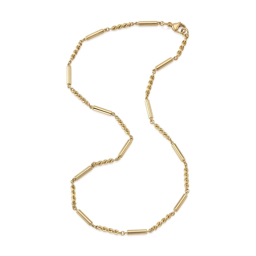 
Single Stone's Darla necklace  featuring Handcrafted 18K yellow gold alternating cylinder and twisted link necklace.
Necklace available in 17.25" or 23" lengths.
