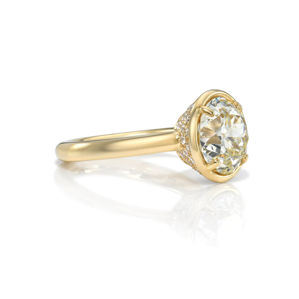 Single Stone's DEVI ring  featuring 3.66ct M/SI1 GIA certified old European cut diamond with 0.65ctw old European cut accent diamonds set in a handcrafted 18K yellow gold mounting.

