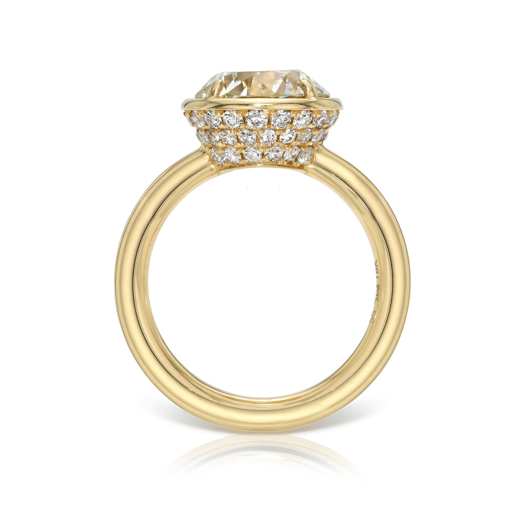 Single Stone's DEVI ring  featuring 3.66ct M/SI1 GIA certified old European cut diamond with 0.65ctw old European cut accent diamonds set in a handcrafted 18K yellow gold mounting.
