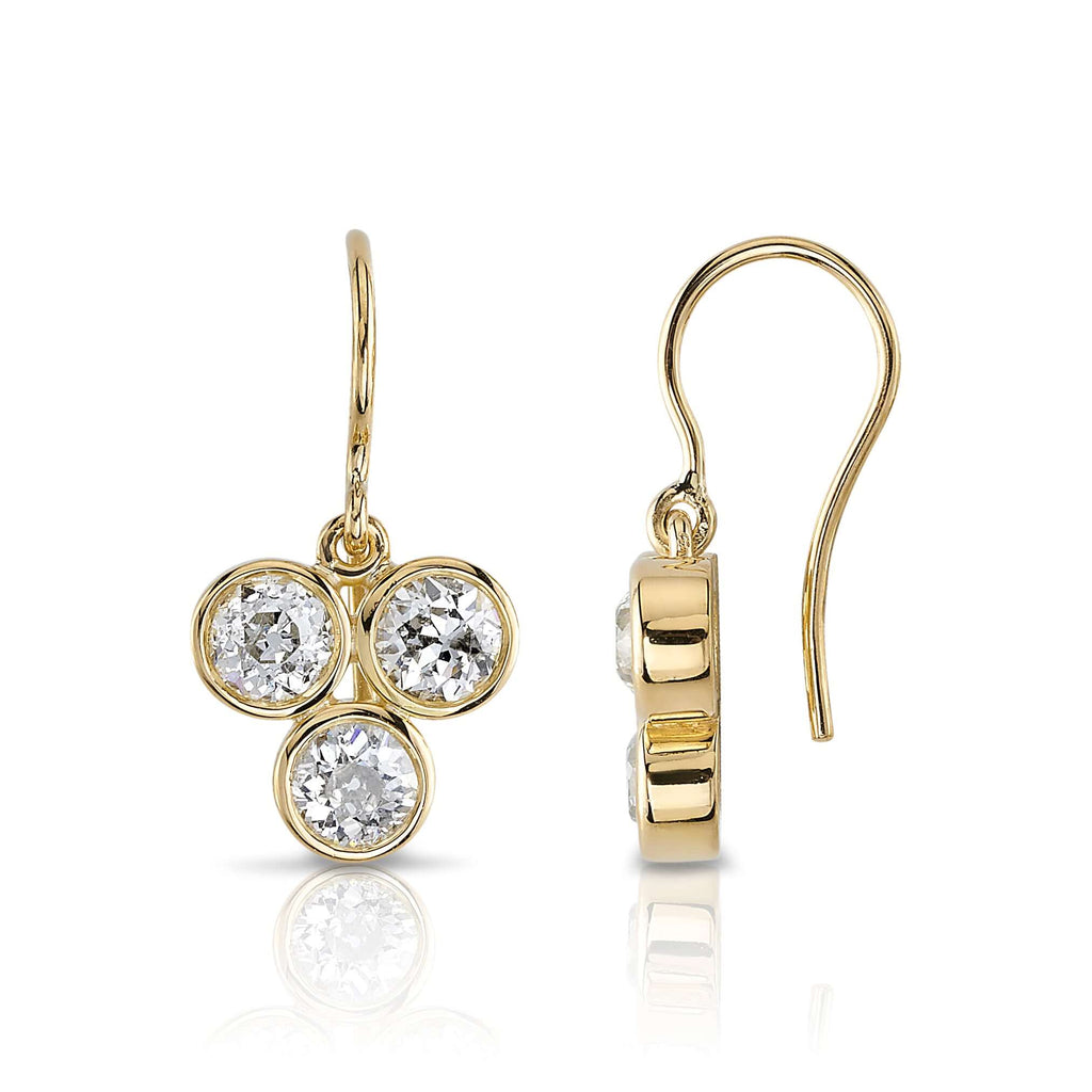 Single Stone's EBONY DROPS earrings  featuring 1.54ctw J-K/VS-SI old European and antique old mine cut diamonds mounted in handcrafted 18K yellow gold drop earrings.
