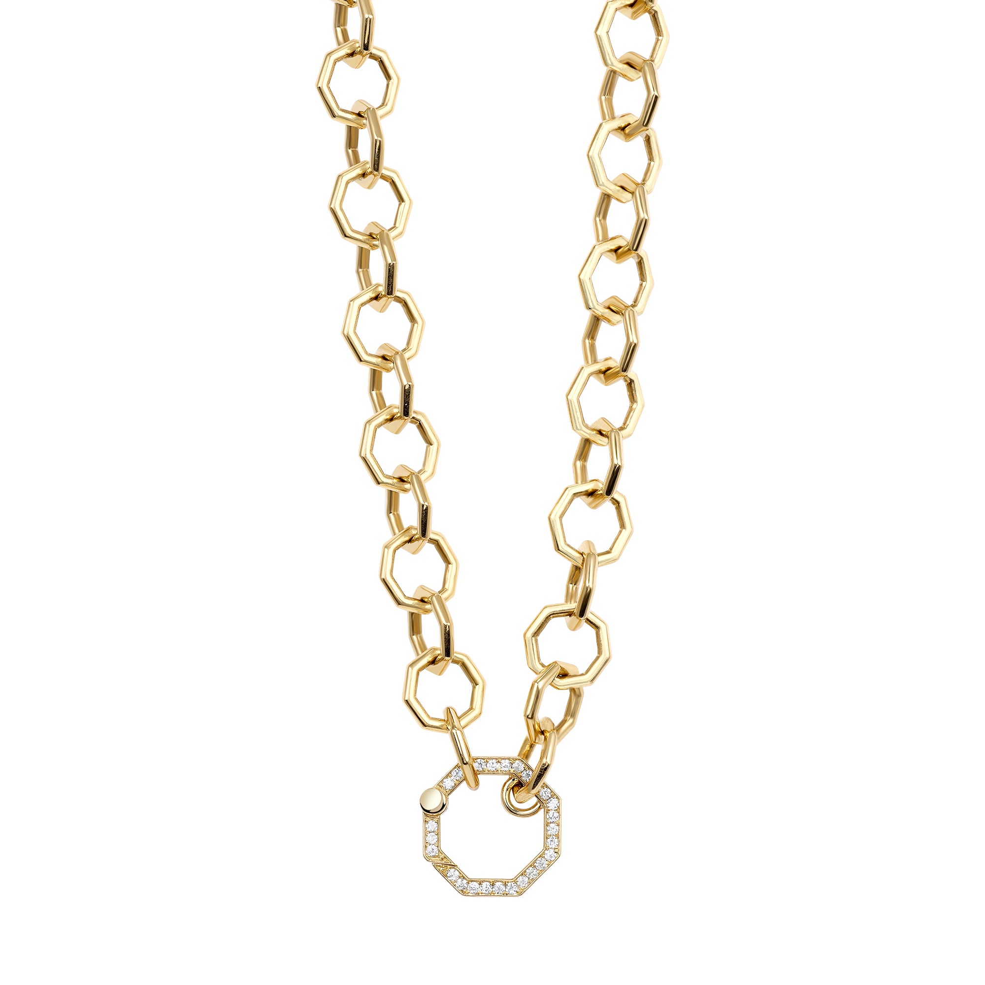 SINGLE STONE ELENA featuring Approximately 0.25ctw G-H/VS old European cut diamonds prong set on a handcrafted 18K yellow gold octagonal link necklace. Necklace measures 17".