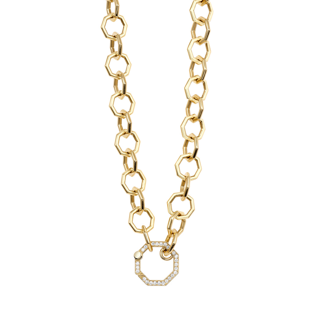 
Single Stone's Elena band  featuring Approximately 0.25ctw G-H/VS old European cut diamonds prong set on a handcrafted 18K yellow gold octagonal link necklace.
Necklace measures 17".
