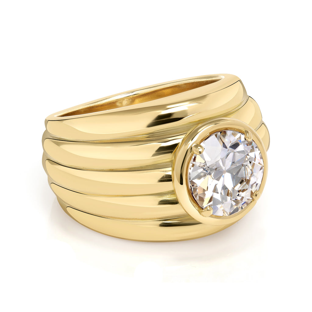 Single Stone's ELENI ring  featuring 2.02ct J/SI1 GIA certified old European cut diamond prong set in a handcrafted 18K yellow gold mounting.
