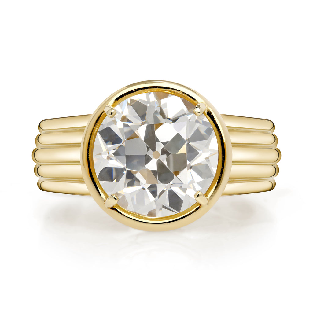 Single Stone's ELENI ring  featuring 5.01ct L/VS1 GIA certified old European cut diamond bezel set in a handcrafted 18K yellow gold mounting.
