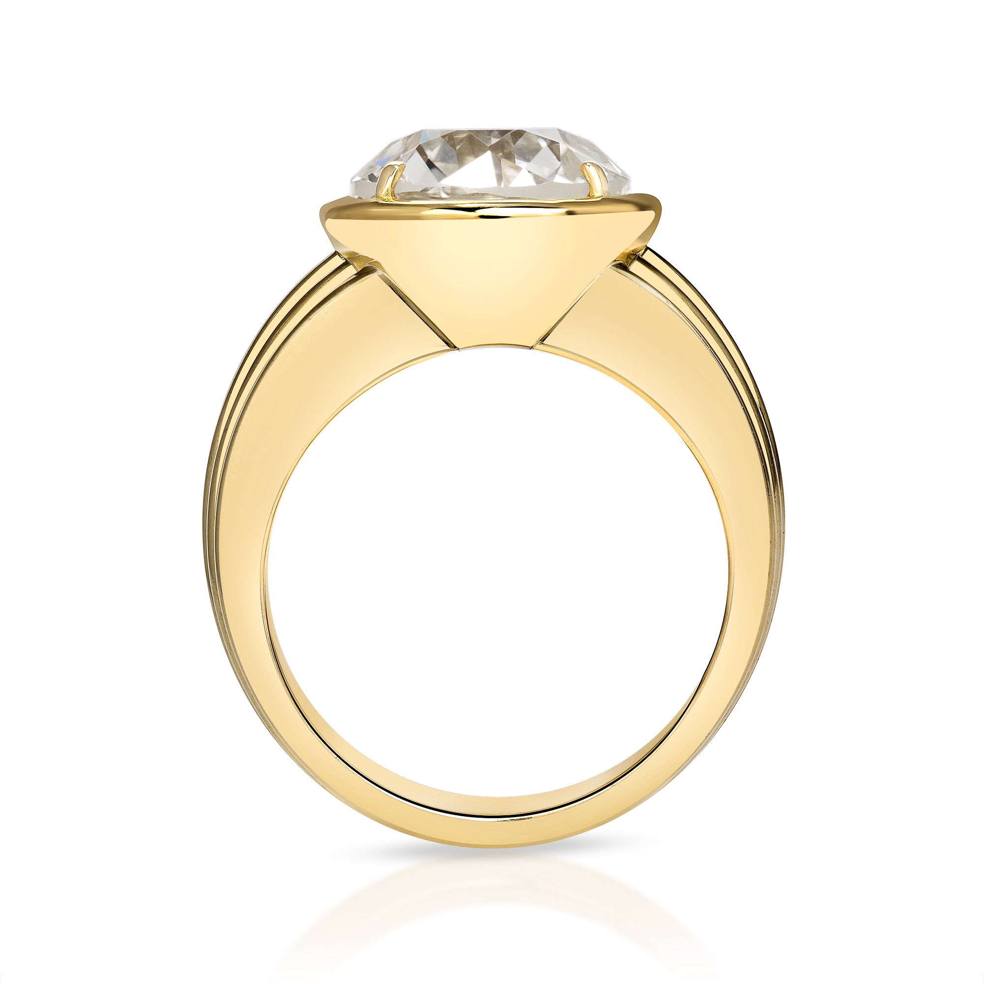 SINGLE STONE ELENI RING featuring 5.01ct L/VS1 GIA certified old European cut diamond bezel set in a handcrafted 18K yellow gold mounting.