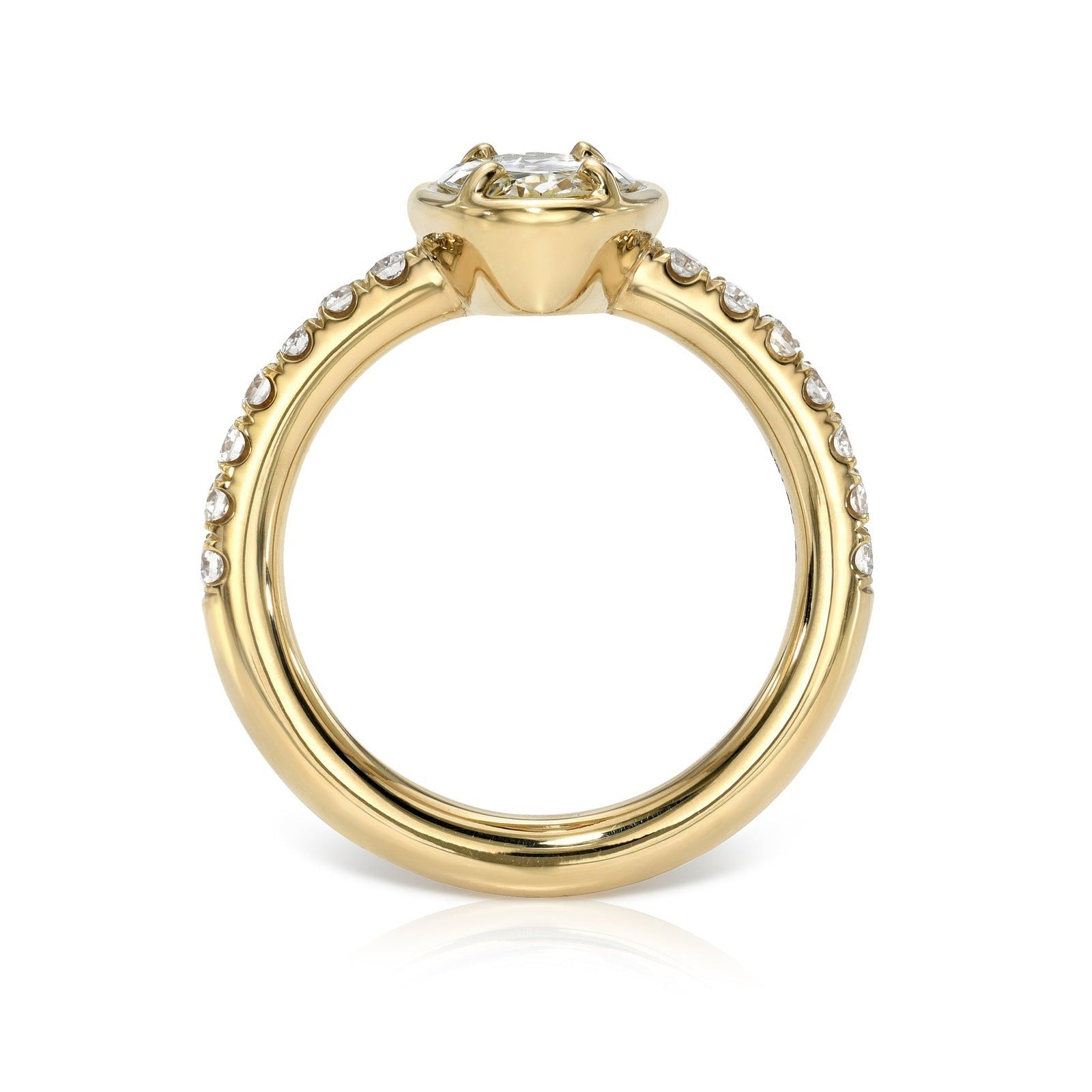 SINGLE STONE ELLA RING featuring 1.39ct L/VS2 GIA certified moval cut diamond with 0.35ctw old European cut accent diamonds prong set in a handcrafted 18K yellow gold mounting.