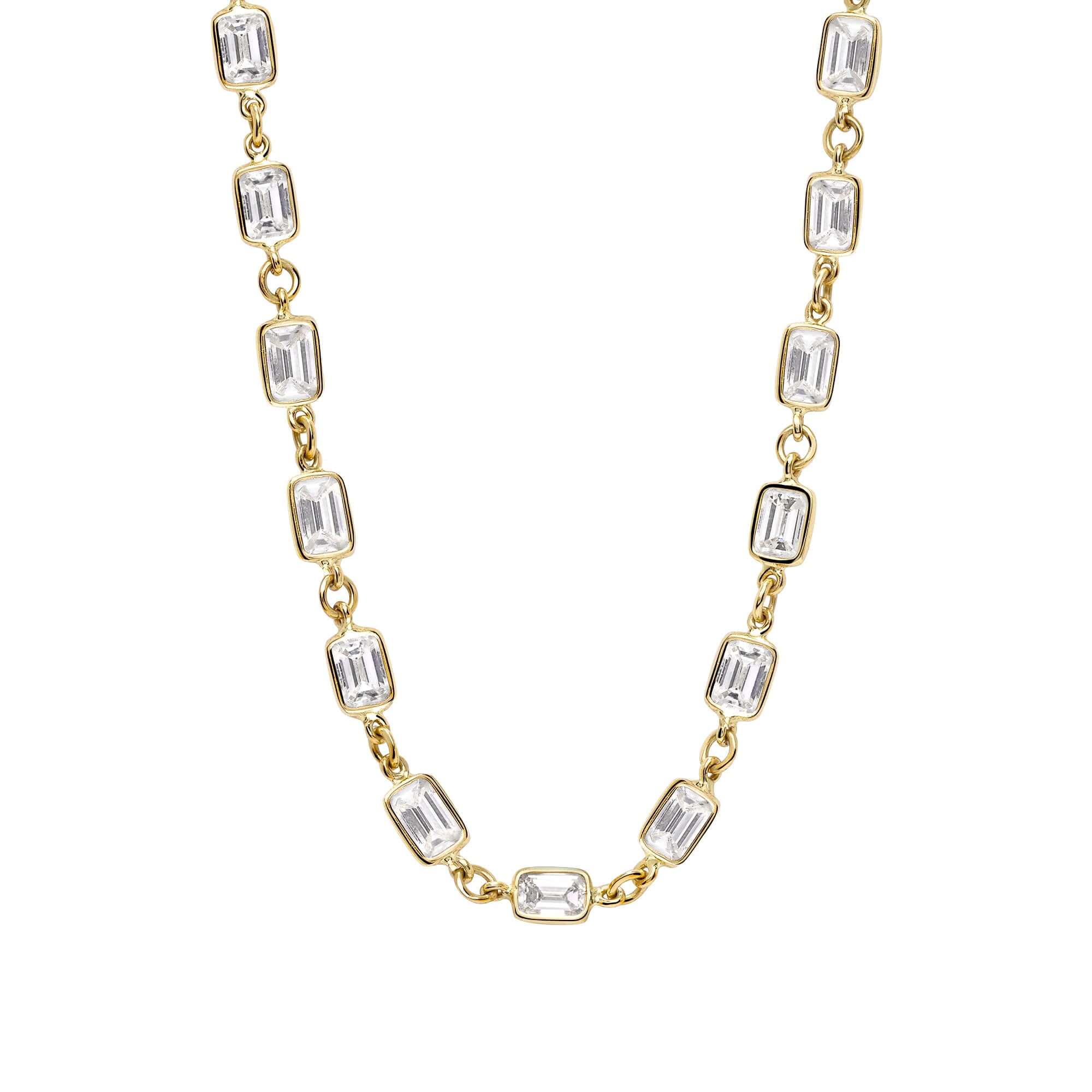 SINGLE STONE EMERALD CUT DIAMOND CHAIN featuring 13.22ctw M-N/VS emerald cut diamonds bezel set on a handcrafted 18K yellow gold chain. Chain measures 19.5"