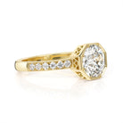 SINGLE STONE EMERSON WITH DIAMONDS RING featuring 1.41ct J/SI2 GIA certified old European cut diamond with 0.20ctw old European cut accent diamonds prong set in a handcrafted 18K yellow gold mounting.