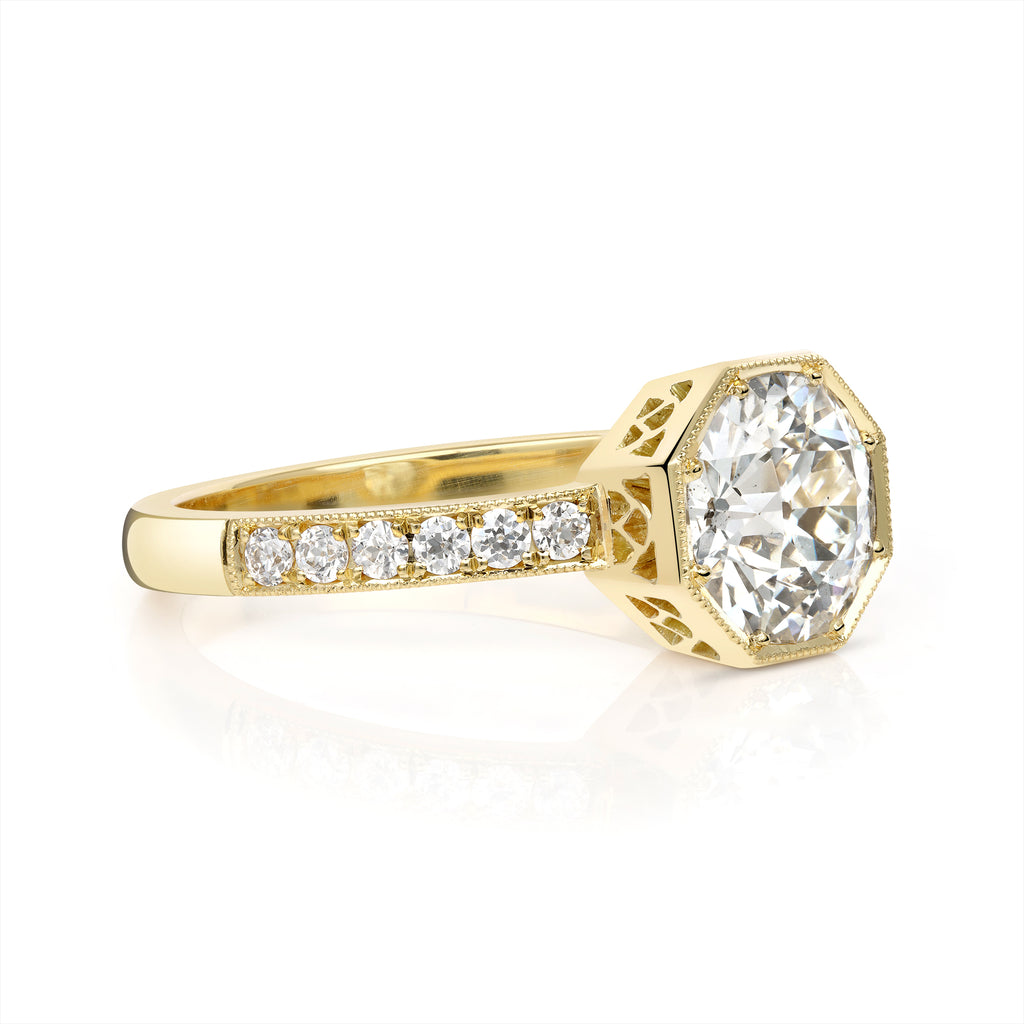 Single Stone's EMERSON WITH DIAMONDS ring  featuring 1.41ct J/SI2 GIA certified old European cut diamond with 0.20ctw old European cut accent diamonds prong set in a handcrafted 18K yellow gold mounting.
