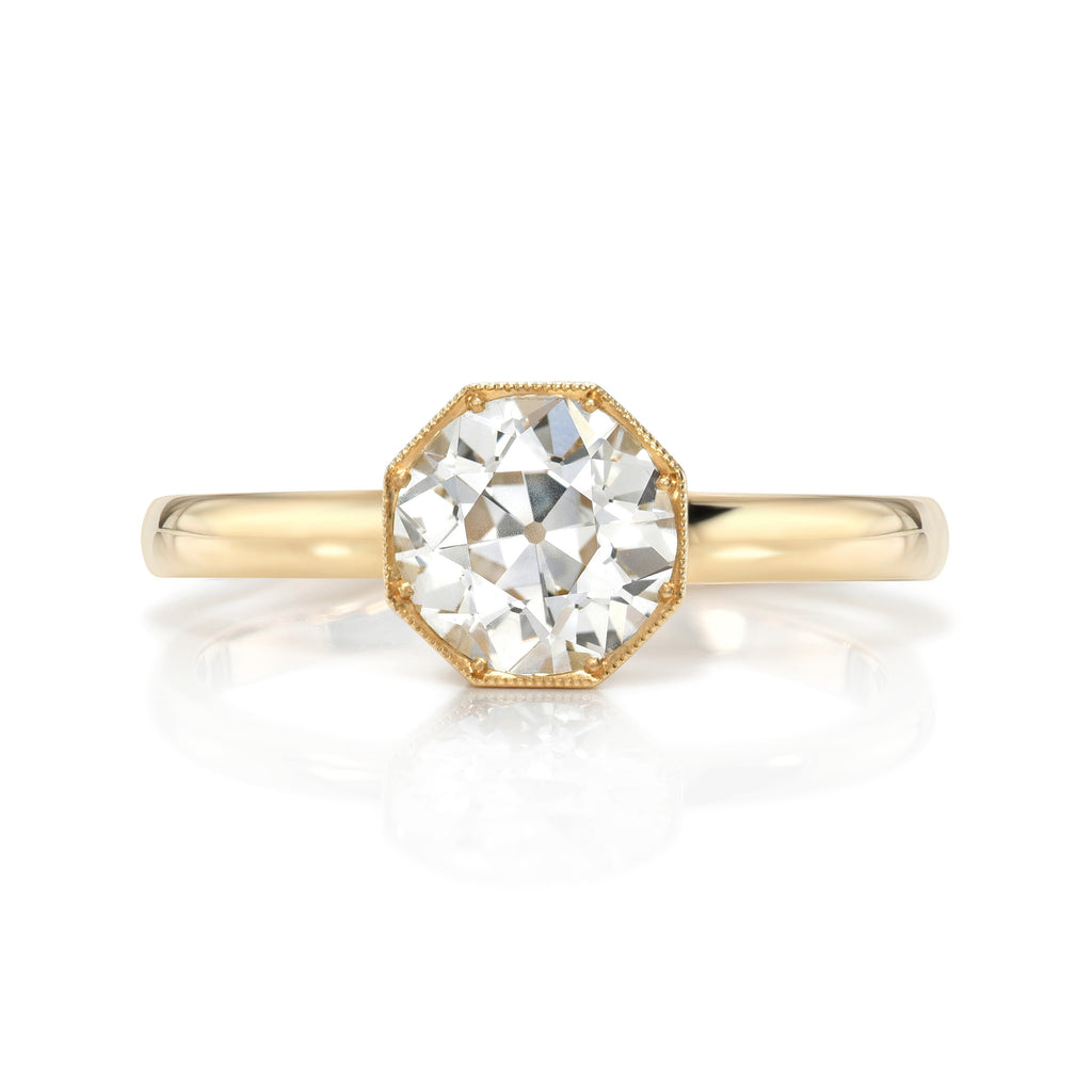 Single Stone's EMERSON ENGRAVED ring  featuring 1.13ct J/SI1 GIA certified old European cut diamond prong set in a handcrafted, hand engraved 18K yellow gold mounting.
