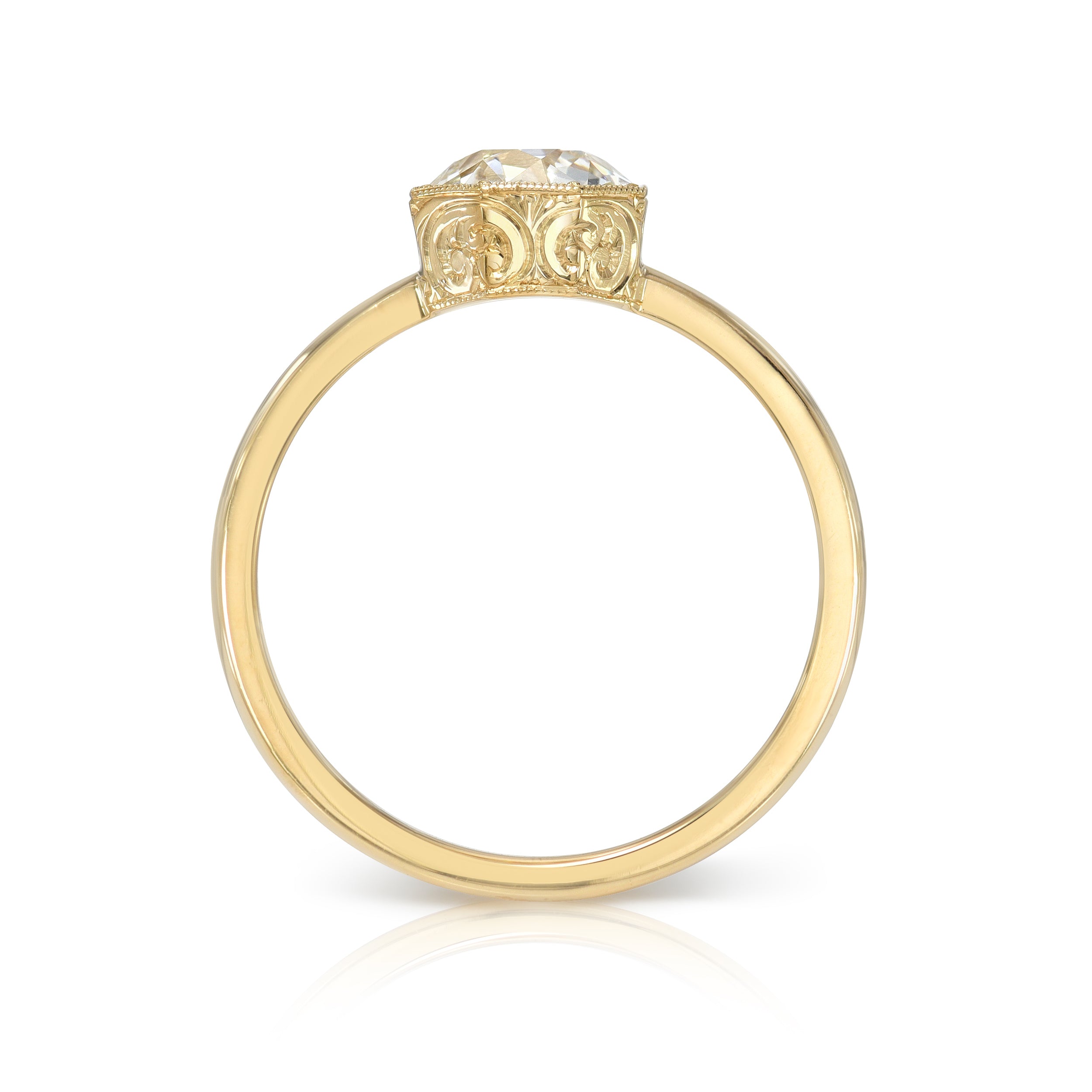 SINGLE STONE EMERSON ENGRAVED RING featuring 1.13ct J/SI1 GIA certified old European cut diamond prong set in a handcrafted, hand engraved 18K yellow gold mounting.