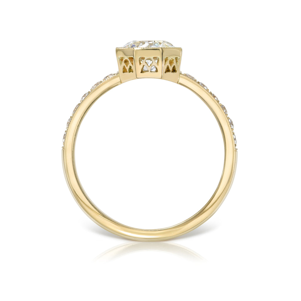 Single Stone's EMERSON WITH DIAMONDS ring  featuring 0.90ct J/VS1 GIA certified old European cut diamond with 0.22ctw old European cut accent diamonds prong set in a handcrafted 18K yellow gold mounting.
